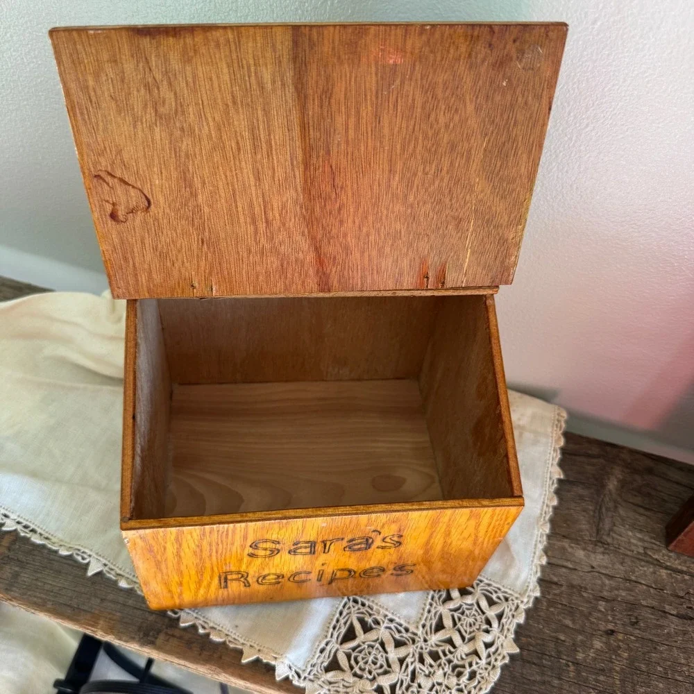Vintage Handcrafted Wood Burned Recipe Box Hummingbird Sara's Recipes Folk Art